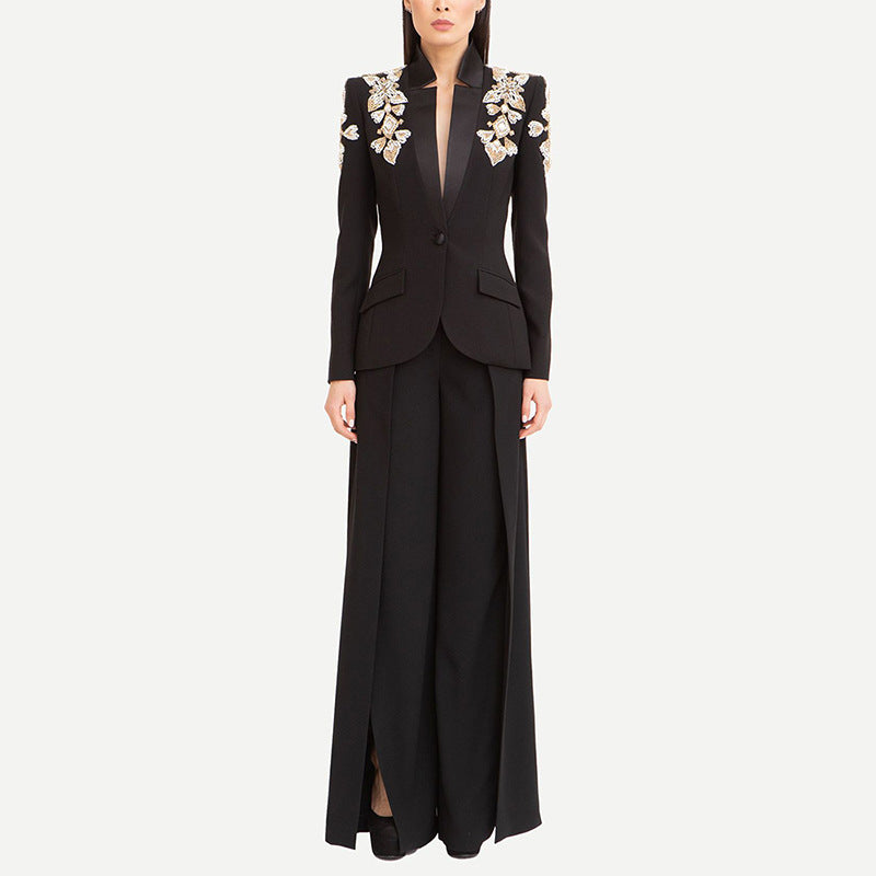 Sparkling Embellished Blazer And Split Pants Set
