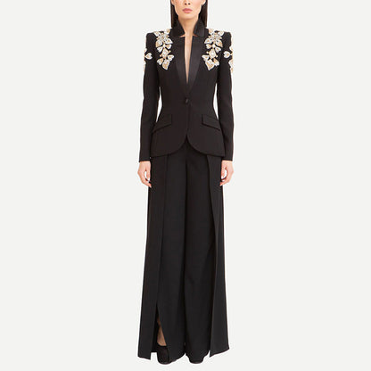 Sparkling Embellished Blazer And Split Pants Set