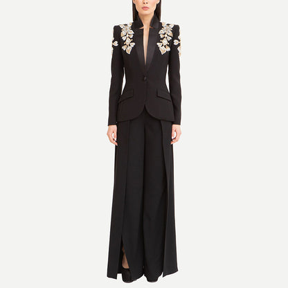 Trendy Black Blazer Suit Set With Sparkling Rhinestones