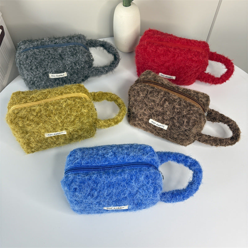 Simple Plush Solid Color Cosmetic Bag With Handle