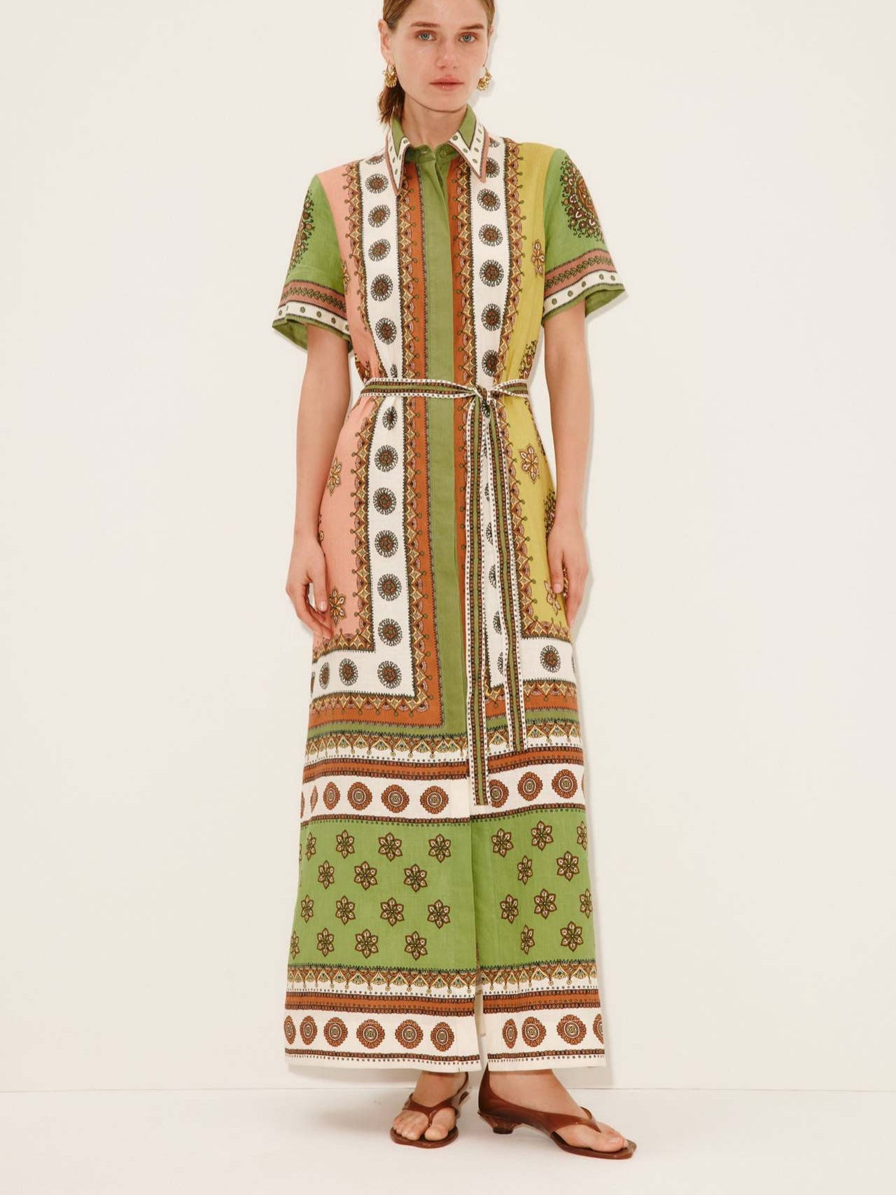 Elegant Floral Linen Midi Dress with Waist Tie