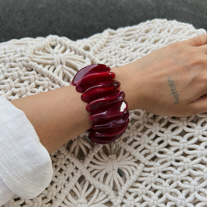 Burgundy Geometric Resin Cuff Bracelet Vintage Art Style