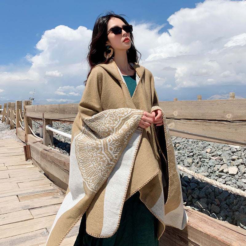 Tibetan Cold Protection Thickened Split Shawl Cloak Autumn And Winter Long Warm Scarf Women'S Cloak