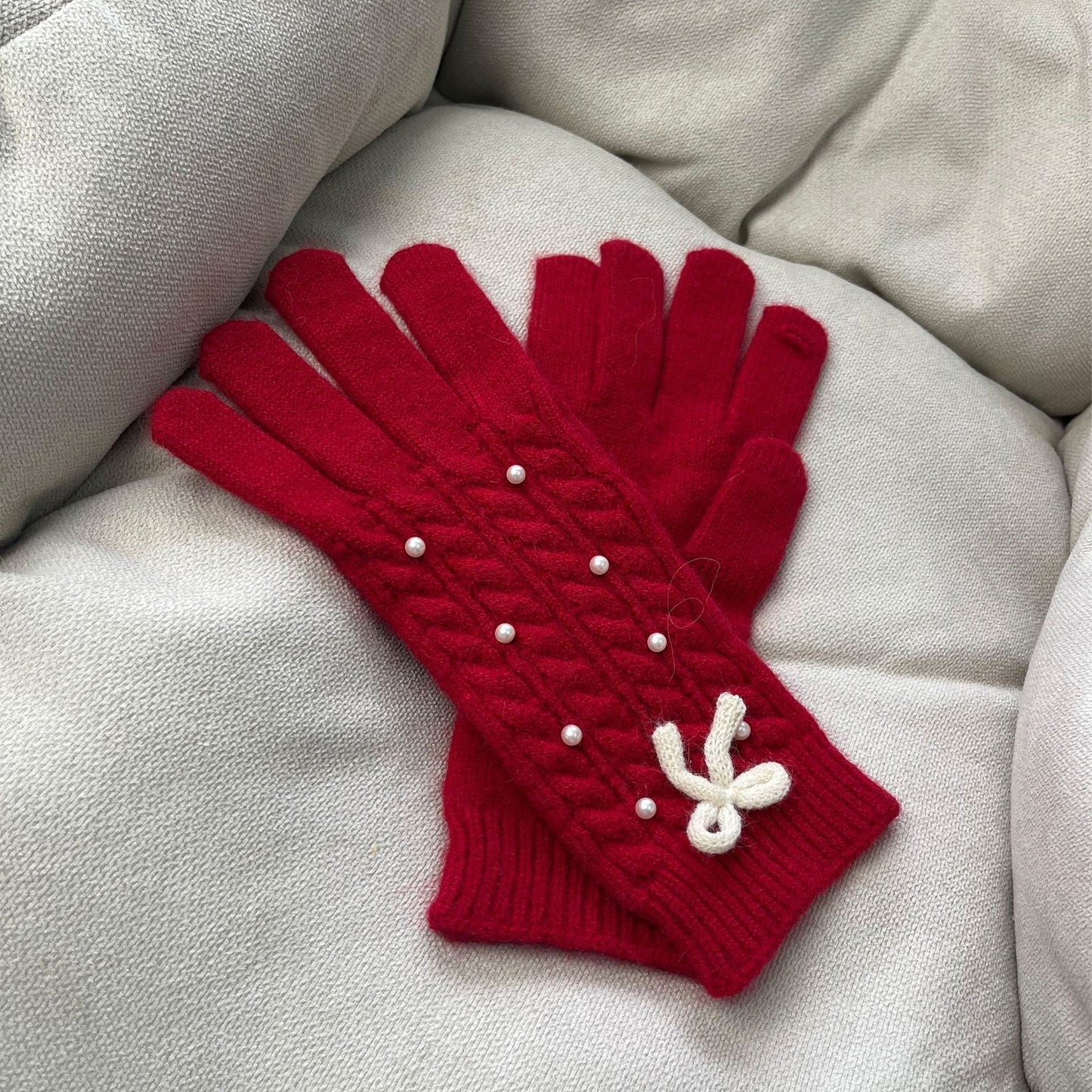 Solid Color Bow Knot Wool Winter Gloves