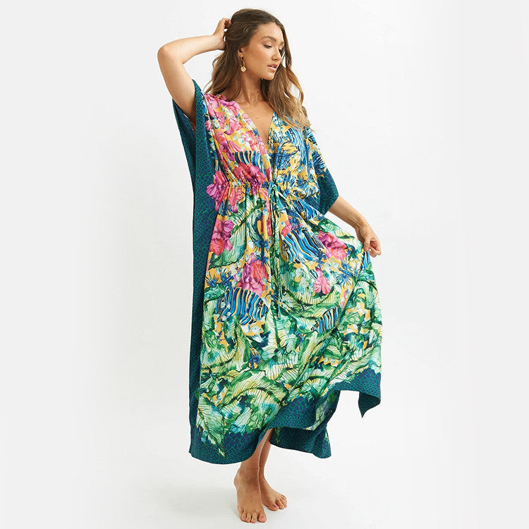 Positioning Print Beach Blouse Gown Style Resort Sunscreen Shirt Sexy Bikini Blouse