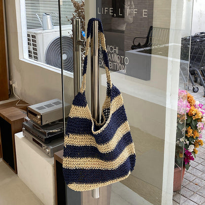 Striped Woven Straw Tote Bag Handcrafted for Beach
