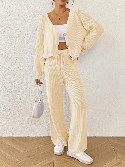 Solid Color Women'S Cardigan Set With Loose-Fit Trousers