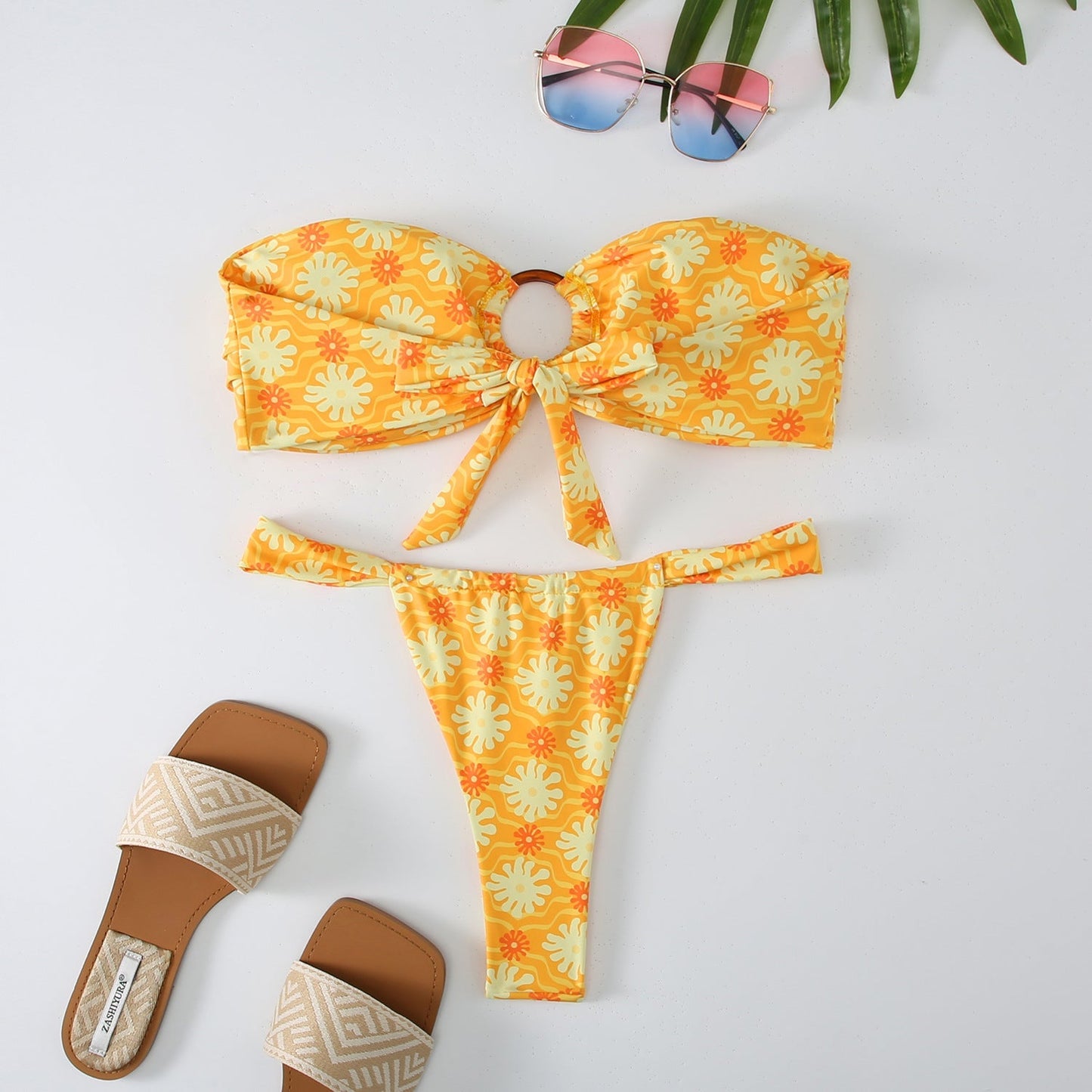 2PCS Flower Print Strapless Sexy Swimwear