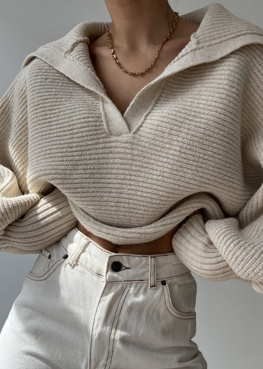 Oversized Ribbed Knit Sweater With Collar
