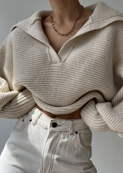 Oversized Ribbed Knit Sweater With Collar
