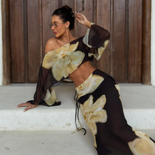 Sexy Off-Shoulder Crop Top & High Waist Drawstring Skirt Set