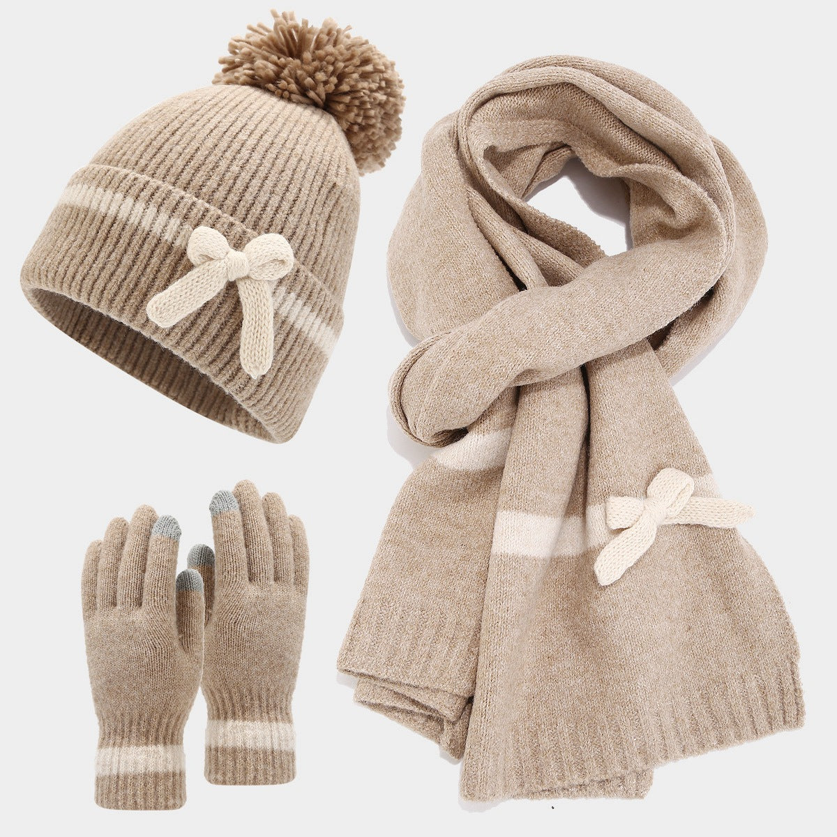 Winter Cute Bow Knot Hat Scarf Gloves Set