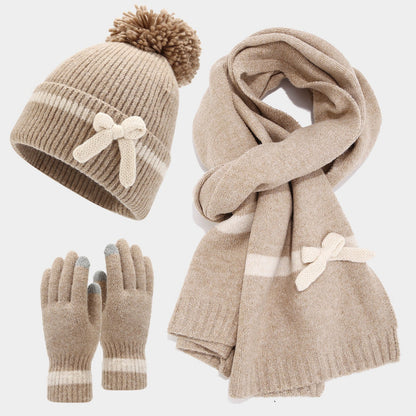 Winter Cute Bow Knot Hat Scarf Gloves Set