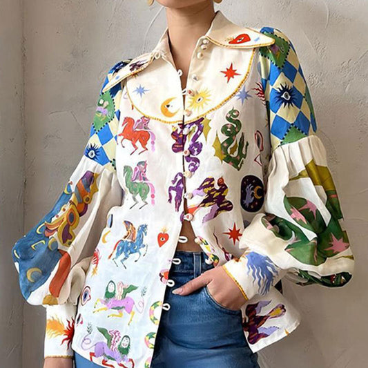 Elegant Lantern Sleeve Printed Blouse for Women