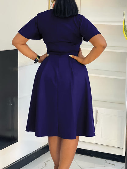 Elegant Solid Color V-Neck A-Line Dress With Tie Detail