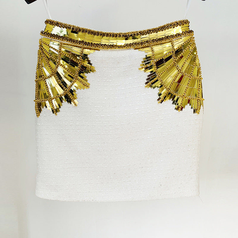 Fashionable Beaded Sequin Halter Neck Top And Mini Skirt Set