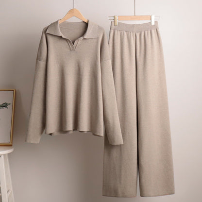 2+Solid Color Label V-Neck Knit Sets