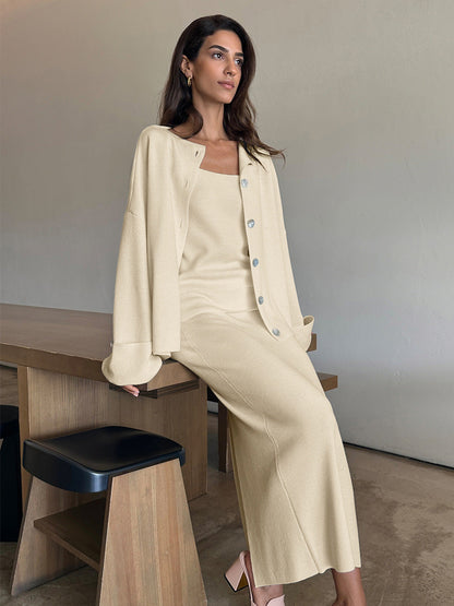 Knit Long Sleeve Cardigan Set with Cami Top and Skirt - Casual Style