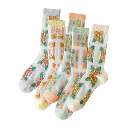 Rufia -  Embroidered Floral Pattern Sheer Socks