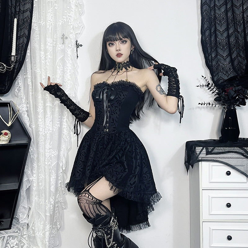 Black Lace Bowtie Strapless Midi Dress Sexy Chic Gown