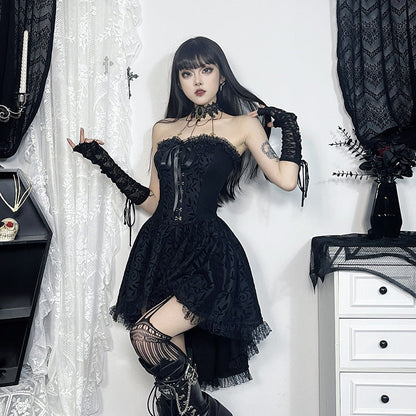 Black Lace Bowtie Strapless Midi Dress Sexy Chic Gown