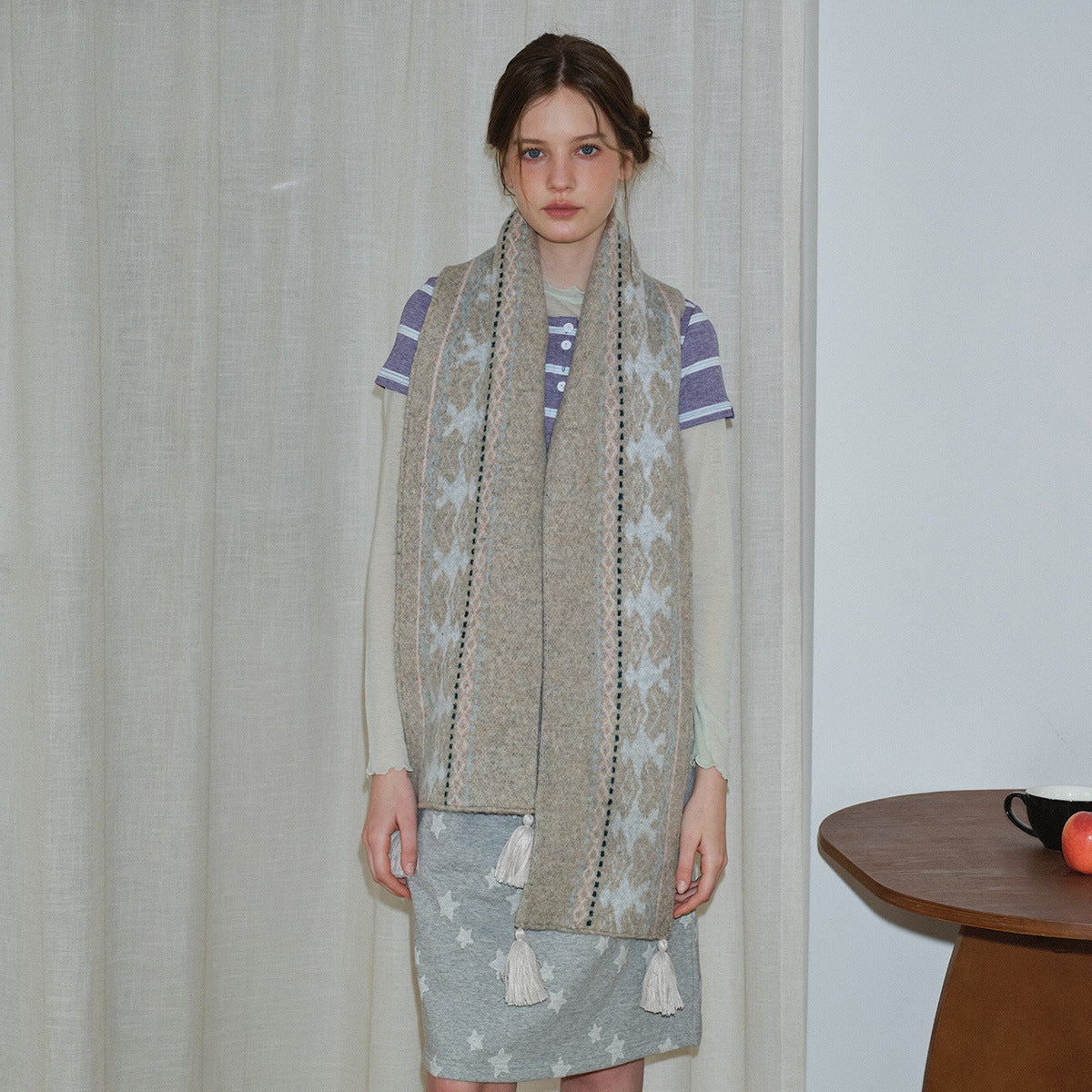 Wool Blend Fair Isle Scarf Unisex Soft Knit Winter Wrap