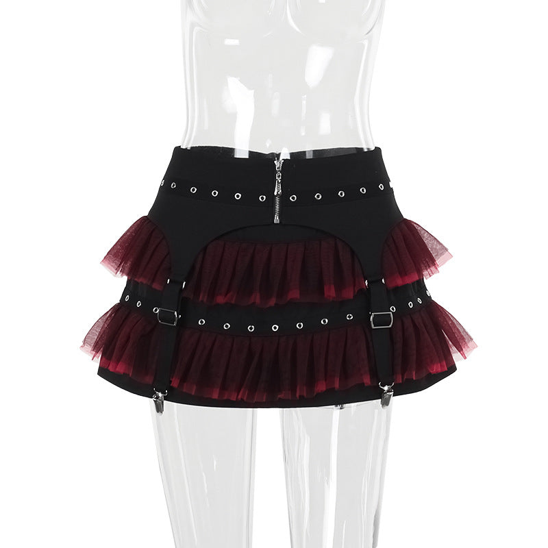 Black And Red Patchwork Tulle Midi Skirt For Women