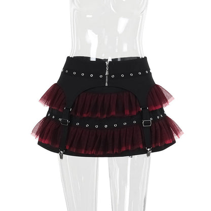 Black And Red Patchwork Tulle Midi Skirt For Women