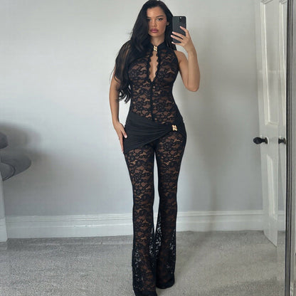 Sleeveless Lace Panel Jumpsuit - High Waist Slim Fit