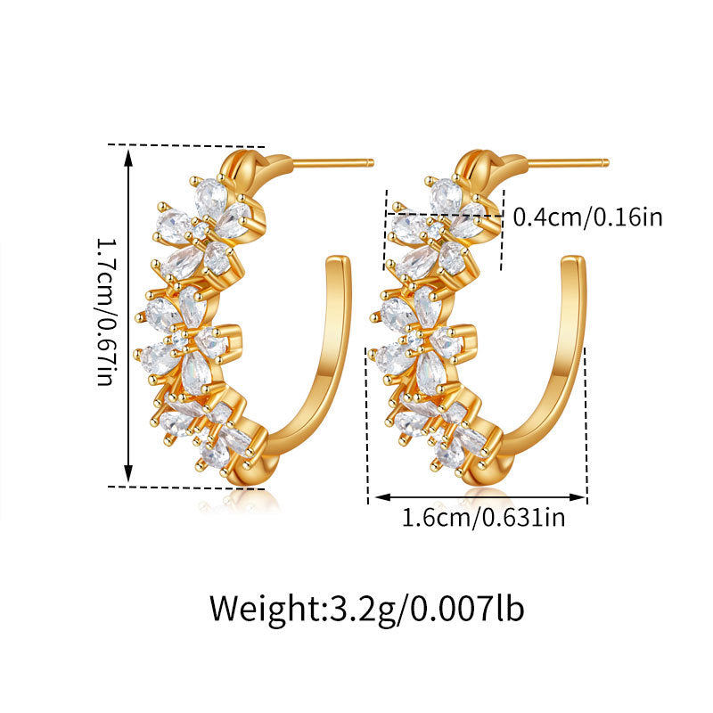 Flower Zircon Delicate C-Shaped Stud Earrings