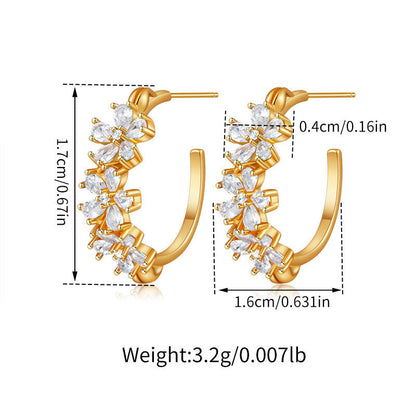 Flower Zircon Delicate C-Shaped Stud Earrings
