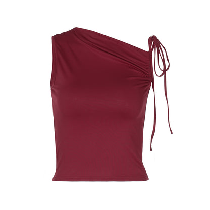 Trendy Asymmetrical Neckline Sleeveless Top With Drawstring