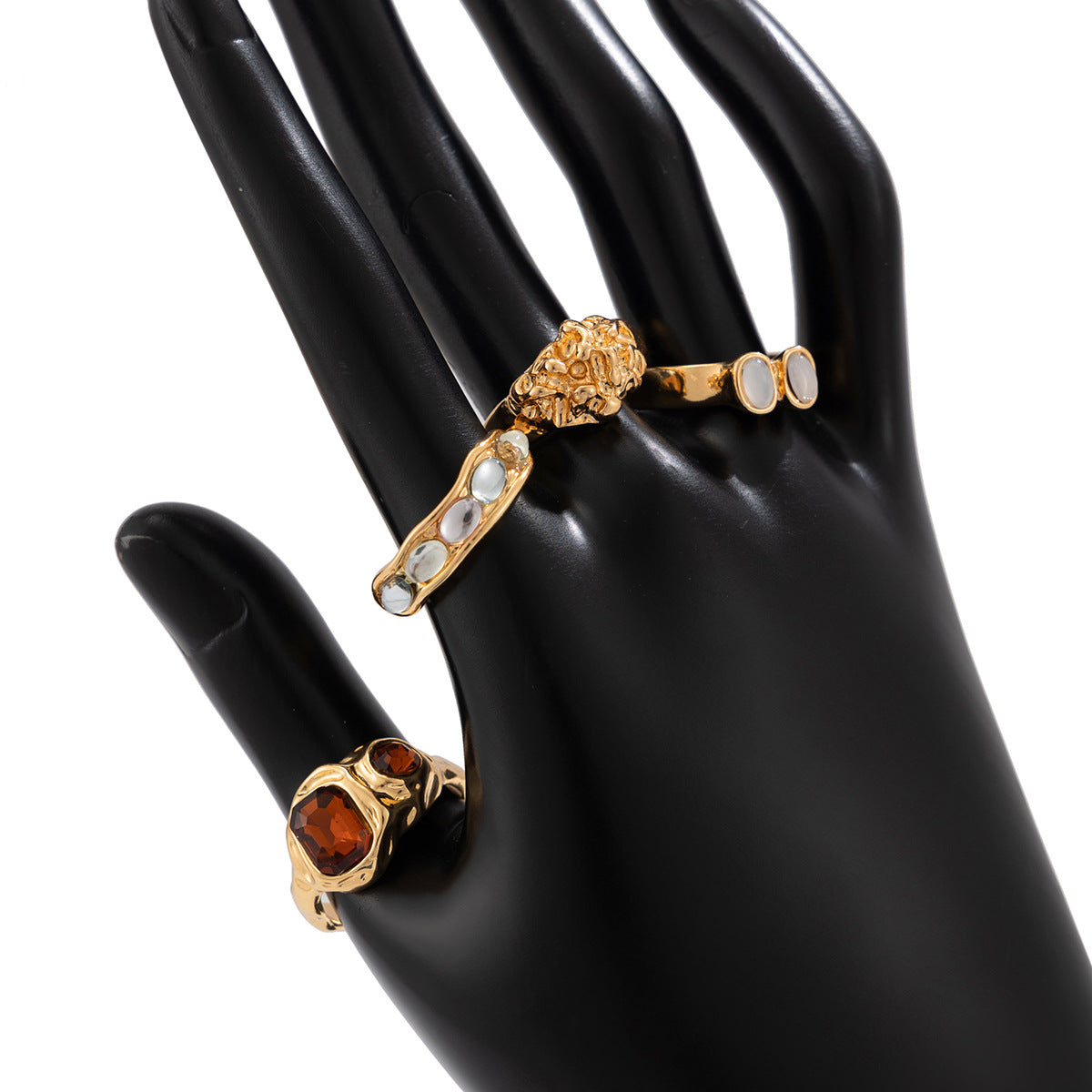 Geometric Gemstone Ring Set With Liquid Metal Finish For Women