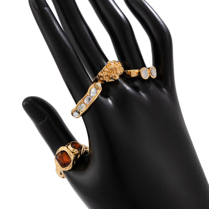 Geometric Gemstone Ring Set With Liquid Metal Finish For Women
