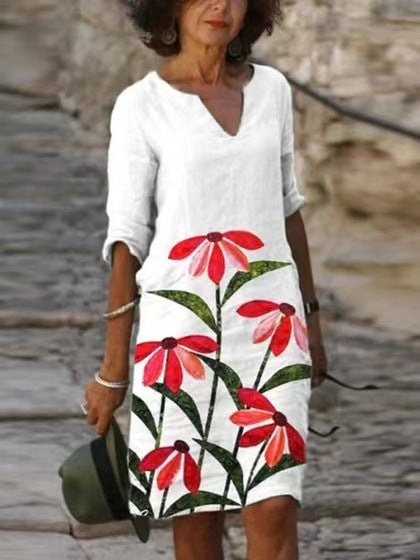 Abstract Print V-Neck A-Line Dress Comfortable Casual Fashion