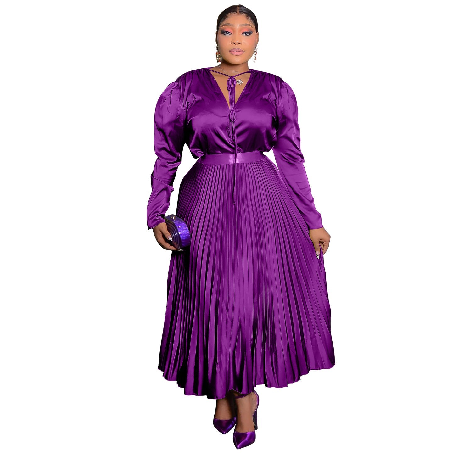 Elegant Solid Color Long Sleeve Dress Set