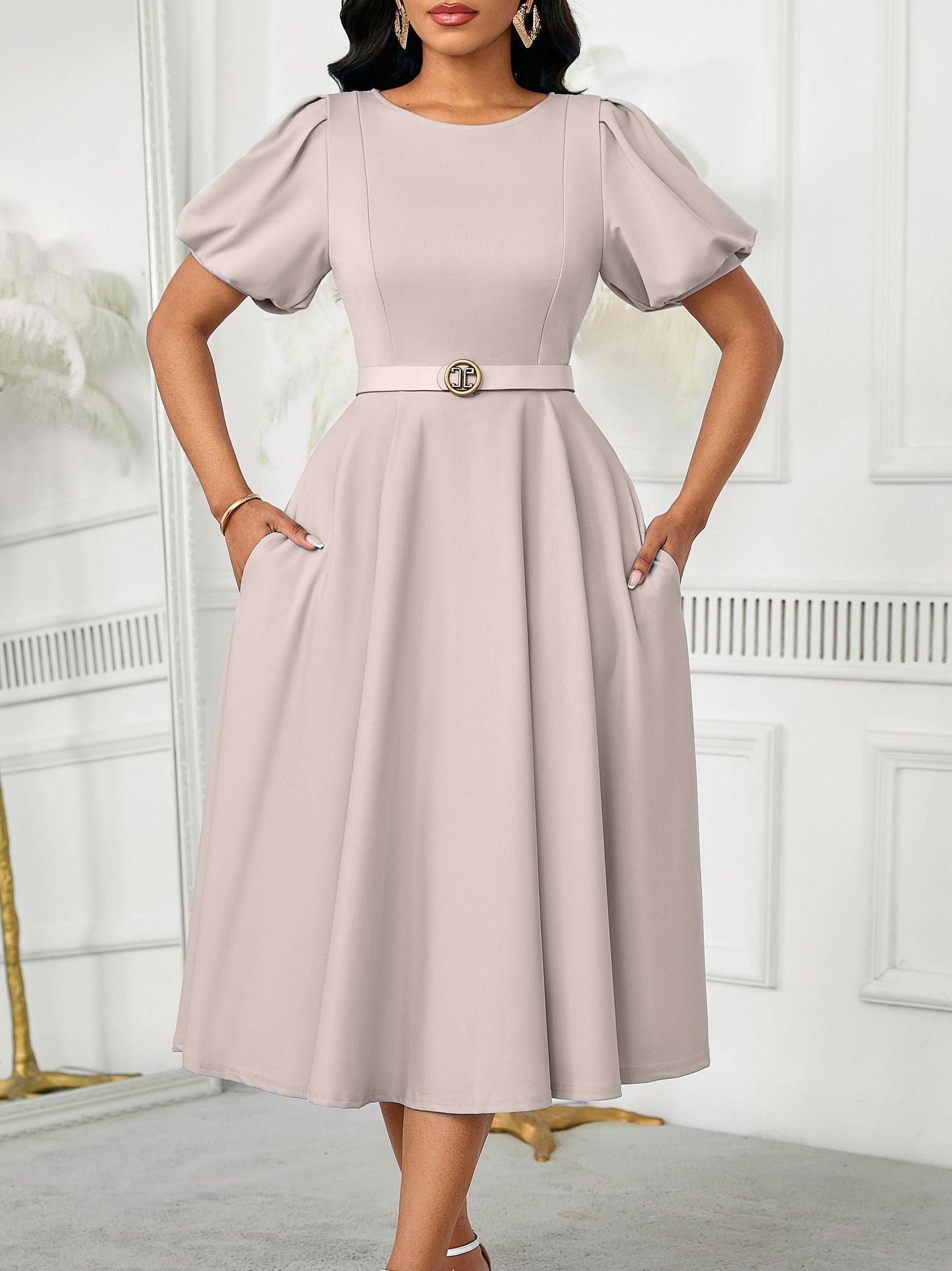 Elegant High-Waist A-Line Dress With Puff Sleeves