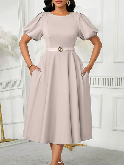 Elegant High-Waist A-Line Dress With Puff Sleeves