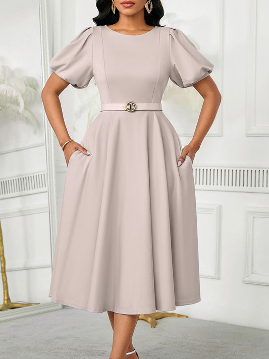 Elegant High-Waist A-Line Dress With Puff Sleeves