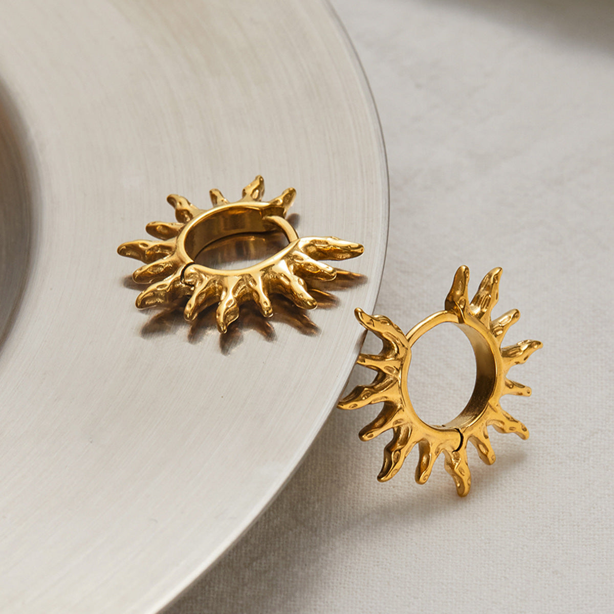 Trendy Gold Sunburst Hinged Hoop Earrings