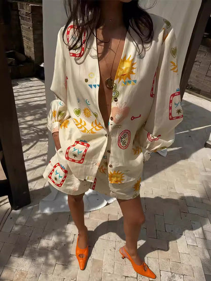 Fashion Print Linen Casual Cardigan Shorts Set