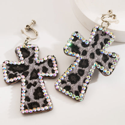 Trendy Y2K Cross Earrings Genuine Leather Leopard Print Geometric Style