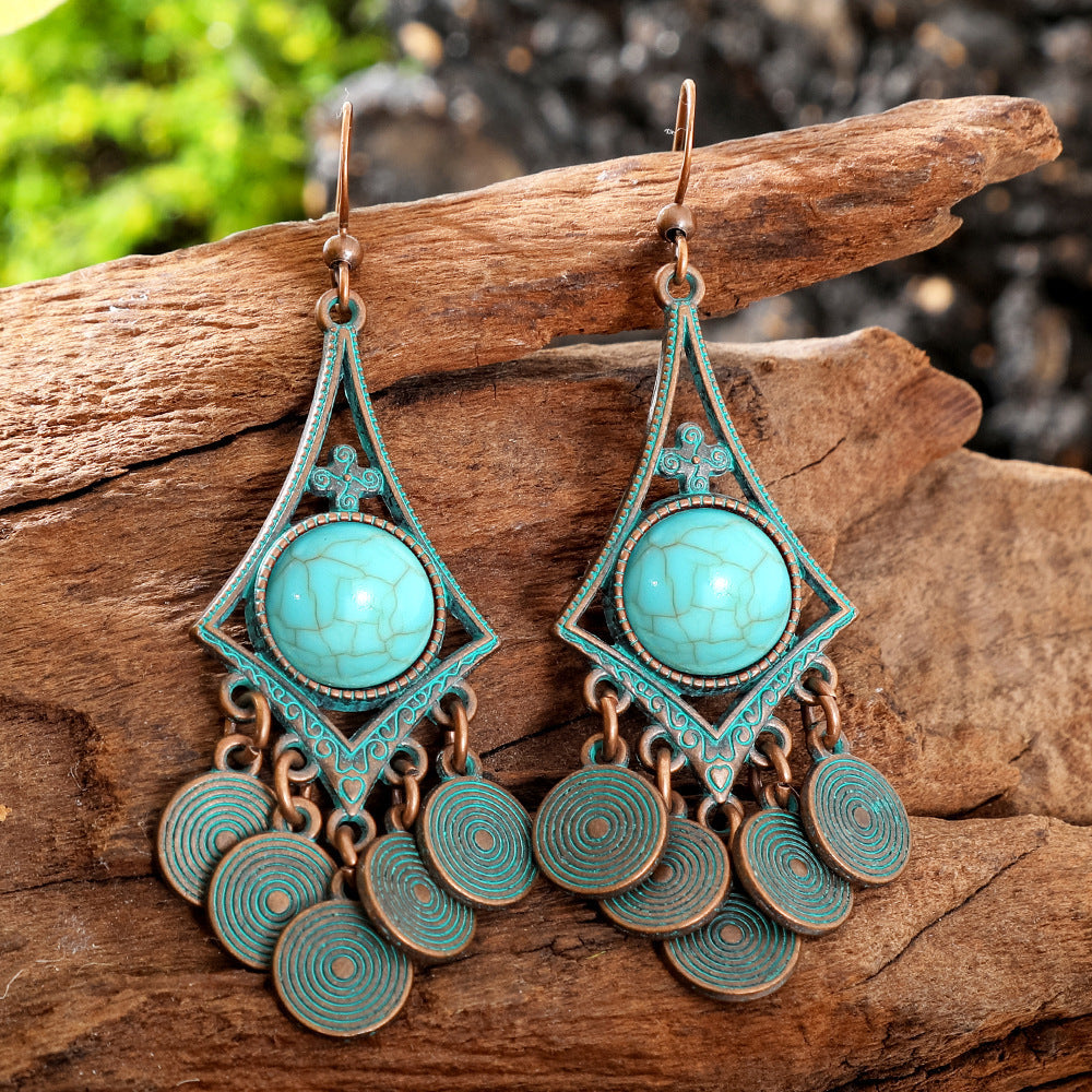 Bohemian Vintage Geometric Copper Tassel Earrings