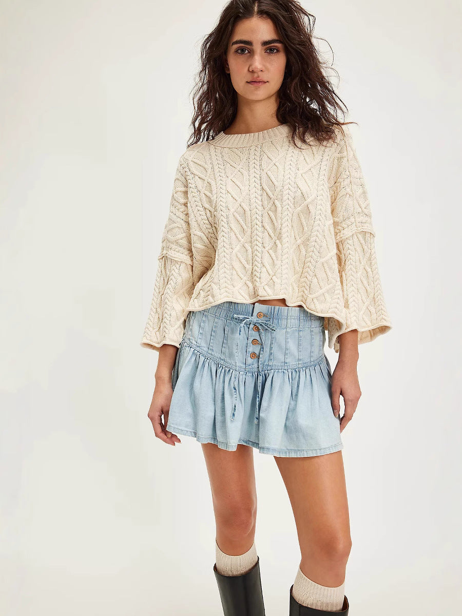 High-Waisted A-Line Casual Denim Pleated Skirt