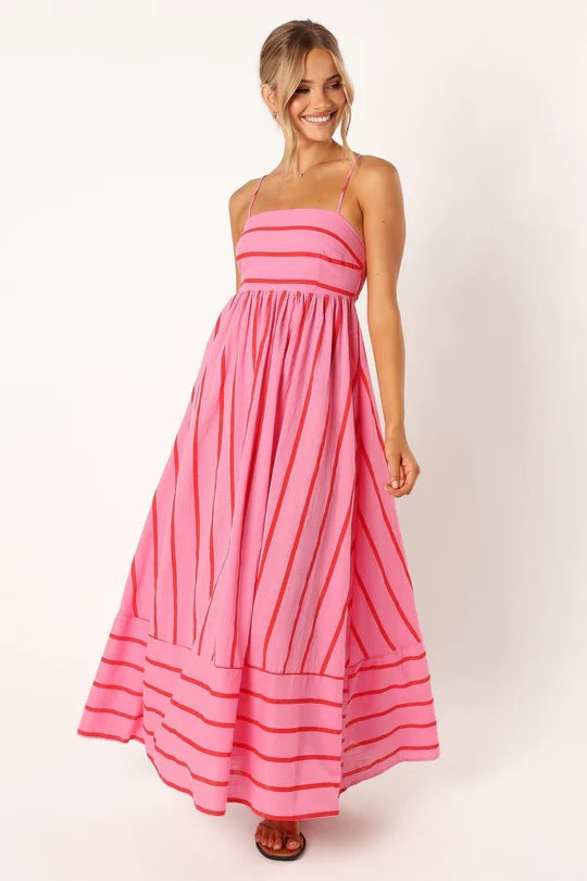 Striped Color Block Backless Spaghetti Dress