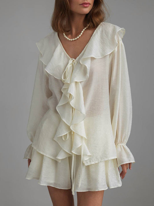 French V-Neck Ruffle Sleeve Shirt and Shorts Set