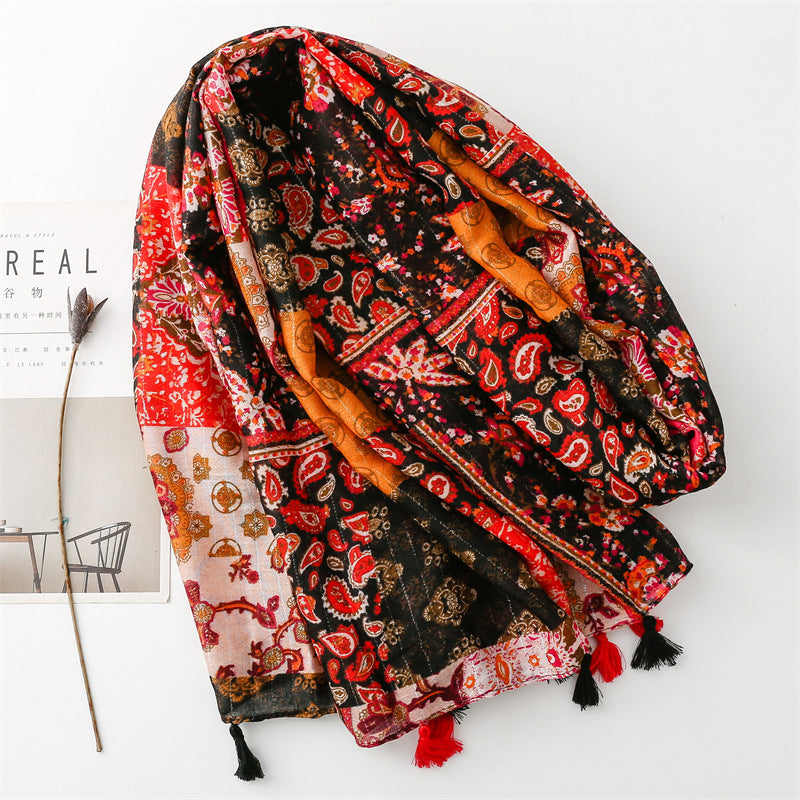 Retro Ethnic Sunscreen Shawl Bohemian Holiday Cotton And Linen Feel Scarf With Silver Wire