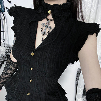 Retro Open-Collar Ruffled Hem Crop Top for Women