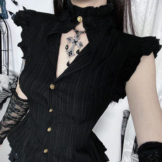 Retro Open-Collar Ruffled Hem Crop Top for Women