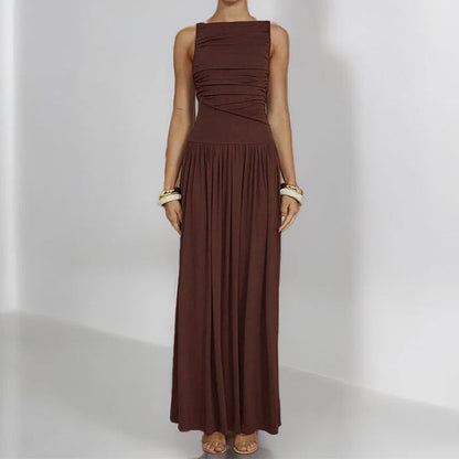 Elegant Solid Color Pleated Maxi Dress